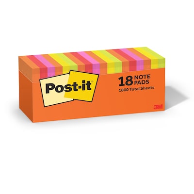 Post-it Notes, 3 x 3, Sunburst Collection, 100 Sheet/Pad, 18 Pads/Pack (654-18SUN-CP)