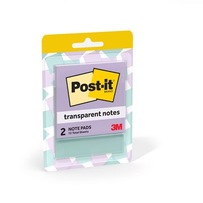 Post-it Transparent Sticky Notes, 2.8 x 2.8, Pastels, 36 Sheets/Pad, 2 Pads/Pack (600-2PASTEL)