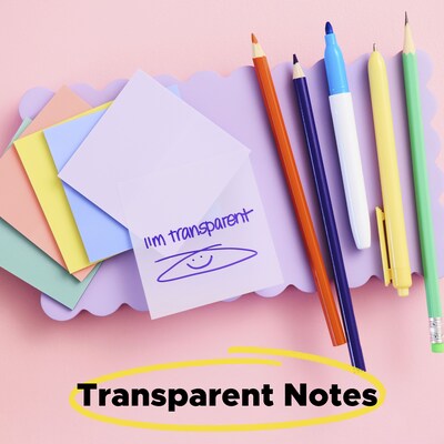 Post-it Transparent Sticky Notes, 2.8" x 2.8", Pastels, 36 Sheets/Pad, 2 Pads/Pack (600-2PASTEL)