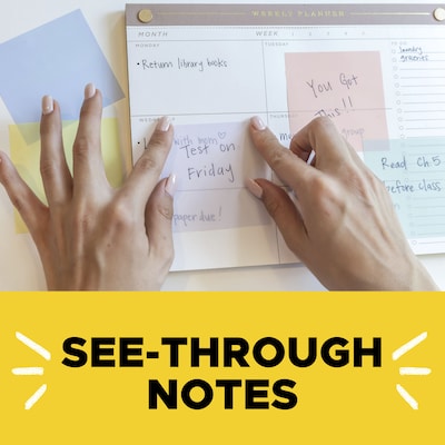 Post-it Transparent Sticky Notes, 2.8" x 2.8", Pastels, 36 Sheets/Pad, 2 Pads/Pack (600-2PASTEL)