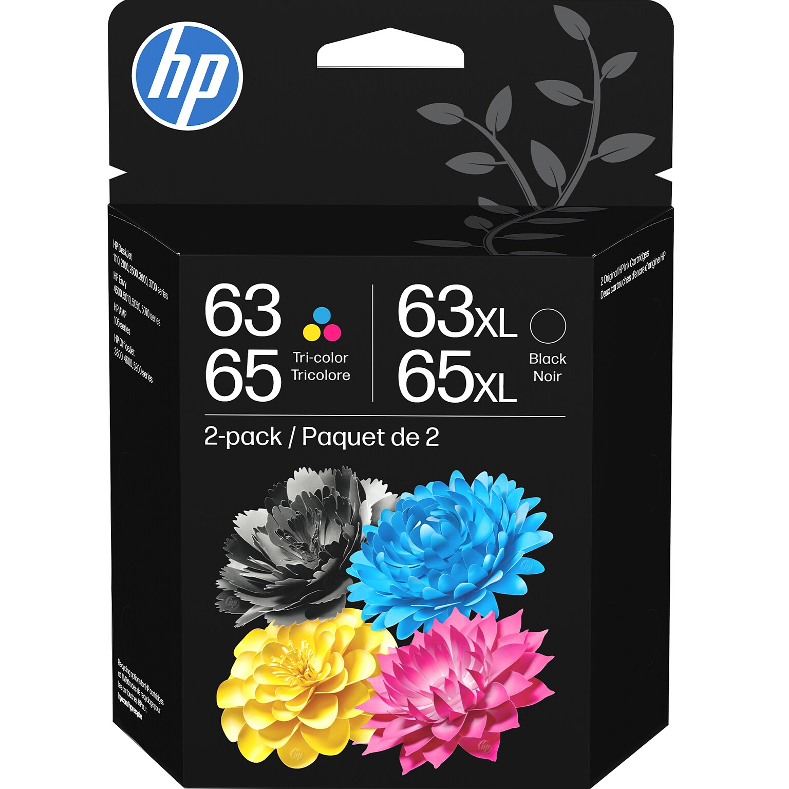 HP 63/65XL Black High Yield and Tri-Color Standard Yield Ink Cartridge, 2/Pack (B87FDAN)