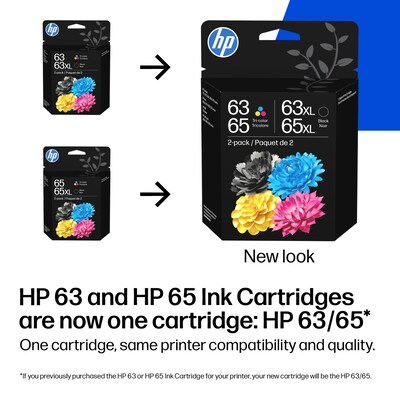 HP 63/65XL Black High Yield and Tri-Color Standard Yield Ink Cartridge, 2/Pack (B87FDAN)