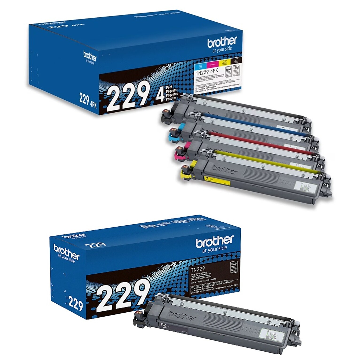 Brother TN229 Black/Cyan/Magenta/Yellow Standard Yield Toner Cartridge, 5/Pack (TN2295PK-STP)