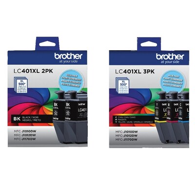 Brother LC401XL Black/Cyan/Magenta/Yellow High Yield Ink Cartridges, 5/Pack (LC401XL5PKS-STP)