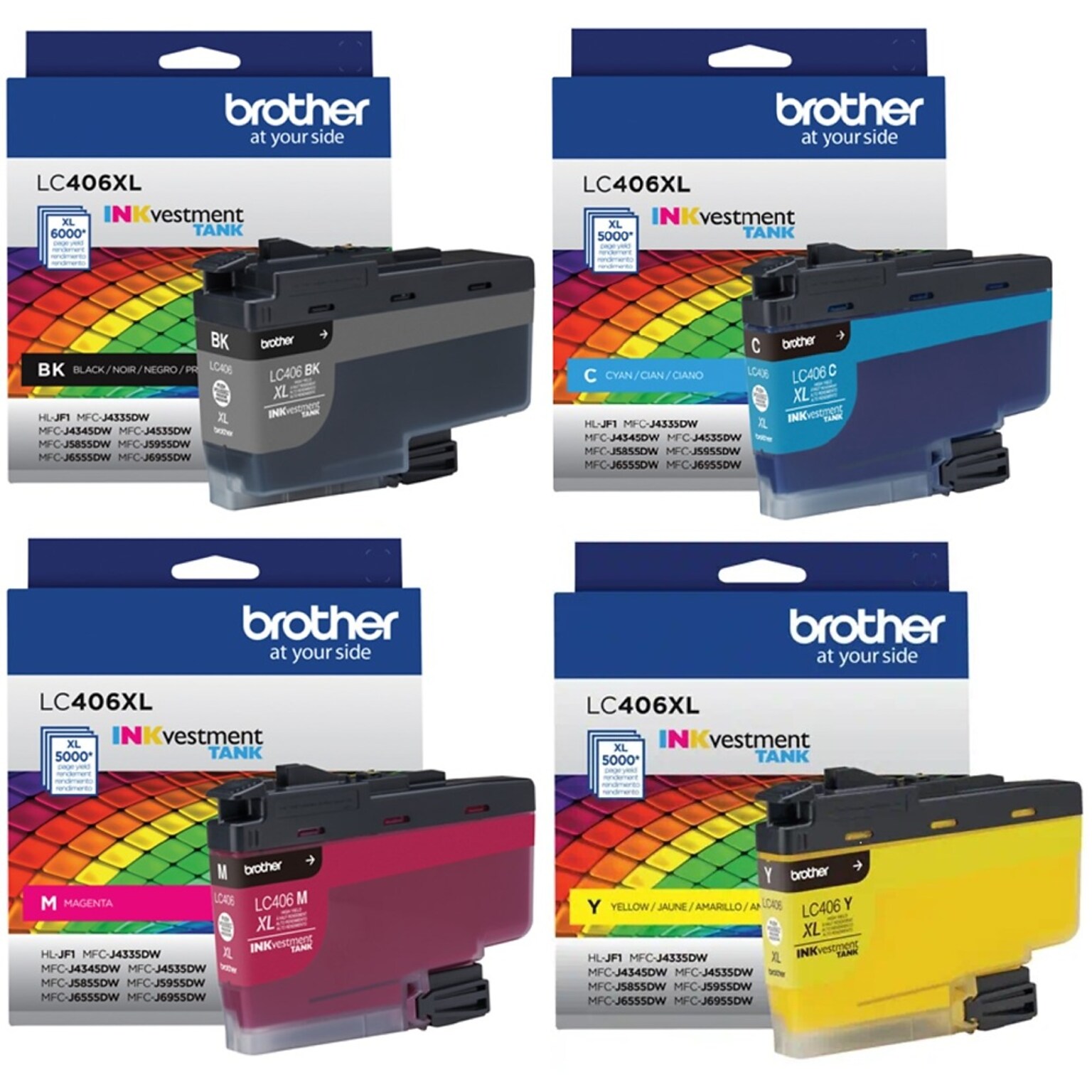 Brother LC406XL Black/Cyan/Magenta/Yellow High Yield Ink Cartridge, 4/Pack (LC406XL4PK-STP)