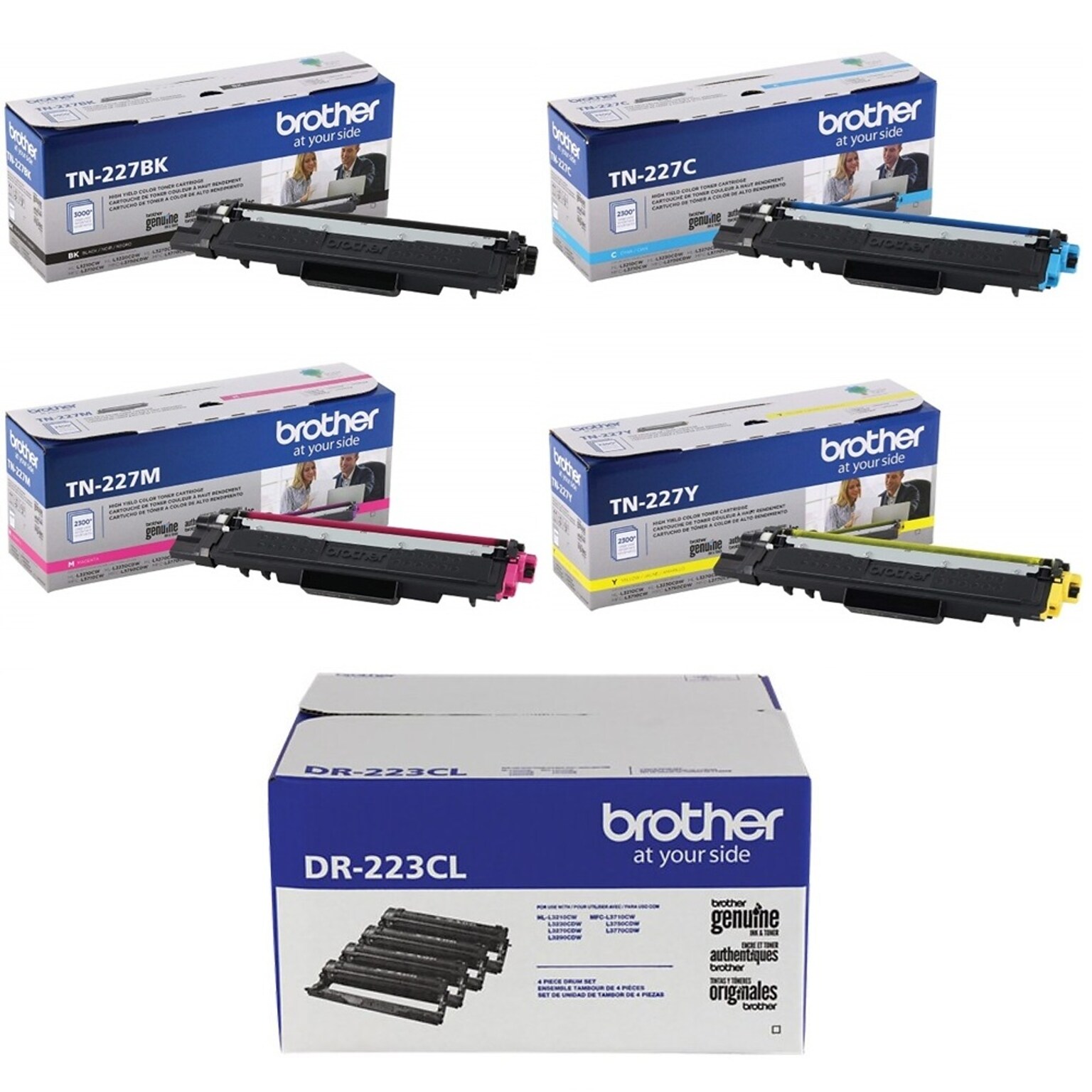 Brother TN227 Black/Cyan/Magenta/Yellow High Yield Toner Cartridge & Drum Unit Bundle, 5/Bundle (TN2274PKDR223CL-STP)