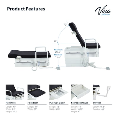 Viva Comfort Pointe Power Height Adjustable Pelvic Tilt Exam Table w/Stirrups & Hand Rails, 396 lbs. Capacity, Black