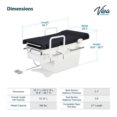 Viva Comfort Pointe Power Height Adjustable Pelvic Tilt Exam Table w/Stirrups & Hand Rails, 396 lbs. Capacity, Black