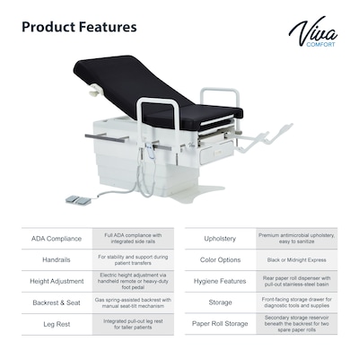 Viva Comfort Pointe Power Height Adjustable Pelvic Tilt Exam Table w/Stirrups & Hand Rails, 396 lbs. Capacity, Black