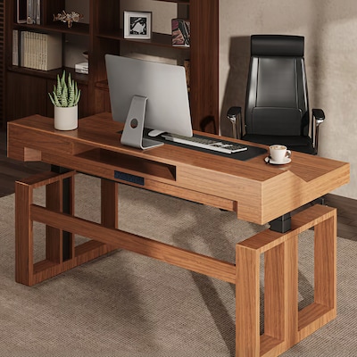 FlexiSpot Fusion Retro 63"W Electric Adjustable Standing Desk, Walnut Veneer (EHD-V6330WV)