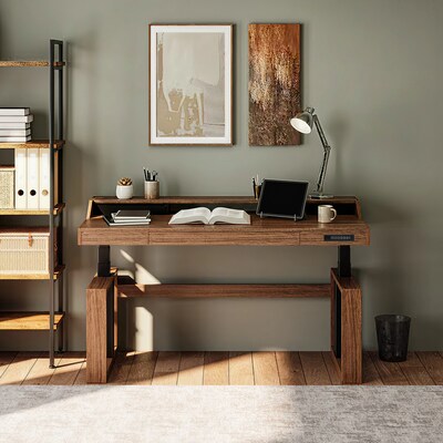 FlexiSpot Fusion Retro 63"W Electric Adjustable Standing Desk, Walnut Veneer (EHD-V6330WV)