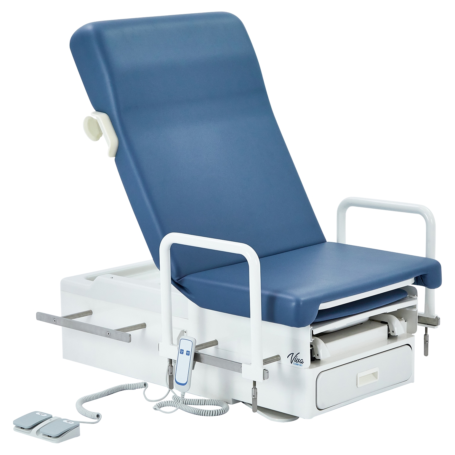 Viva Comfort Pointe Power Height Adjustable Pelvic Tilt Exam Table w/Stirrups & Hand Rails, 396 lbs. Capacity, Blue