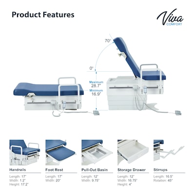 Viva Comfort Pointe Power Height Adjustable Pelvic Tilt Exam Table w/Stirrups & Hand Rails, 396 lbs. Capacity, Blue