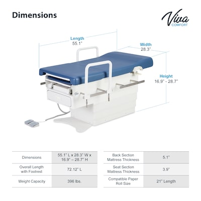 Viva Comfort Pointe Power Height Adjustable Pelvic Tilt Exam Table w/Stirrups & Hand Rails, 396 lbs. Capacity, Blue