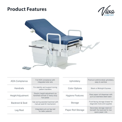 Viva Comfort Pointe Power Height Adjustable Pelvic Tilt Exam Table w/Stirrups & Hand Rails, 396 lbs. Capacity, Blue