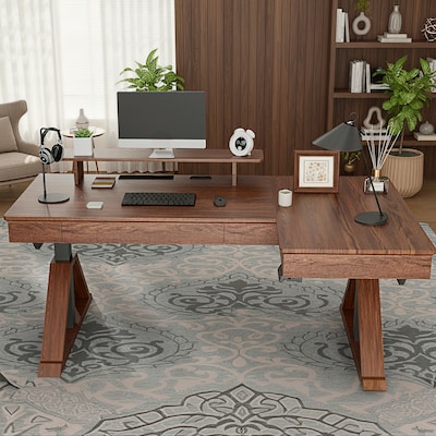 FlexiSpot Fusion Retro 70"W Electric L-Shaped Adjustable Standing Desk, Walnut (EHD-L7047WV)