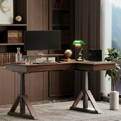 FlexiSpot Fusion Retro 70"W Electric L-Shaped Adjustable Standing Desk, Walnut (EHD-L7047WV)
