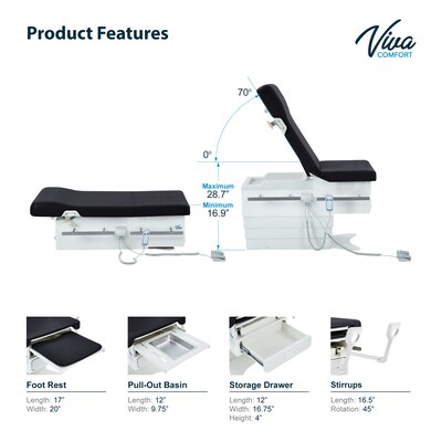 Viva Comfort Pointe Power Height Adjustable Pelvic Tilt Exam Table w/Stirrups & Storage, 396 lbs. Capacity, Black