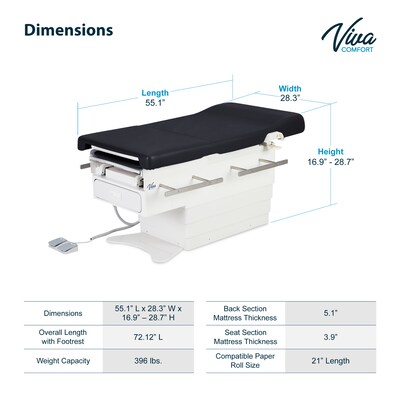 Viva Comfort Pointe Power Height Adjustable Pelvic Tilt Exam Table w/Stirrups & Storage, 396 lbs. Capacity, Black