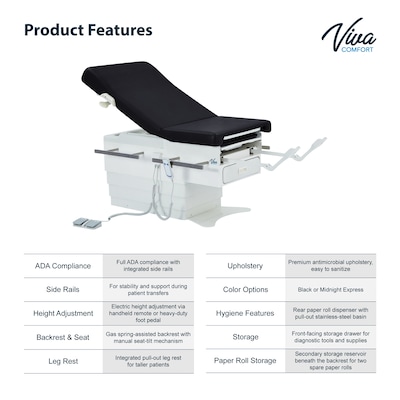 Viva Comfort Pointe Power Height Adjustable Pelvic Tilt Exam Table w/Stirrups & Storage, 396 lbs. Capacity, Black