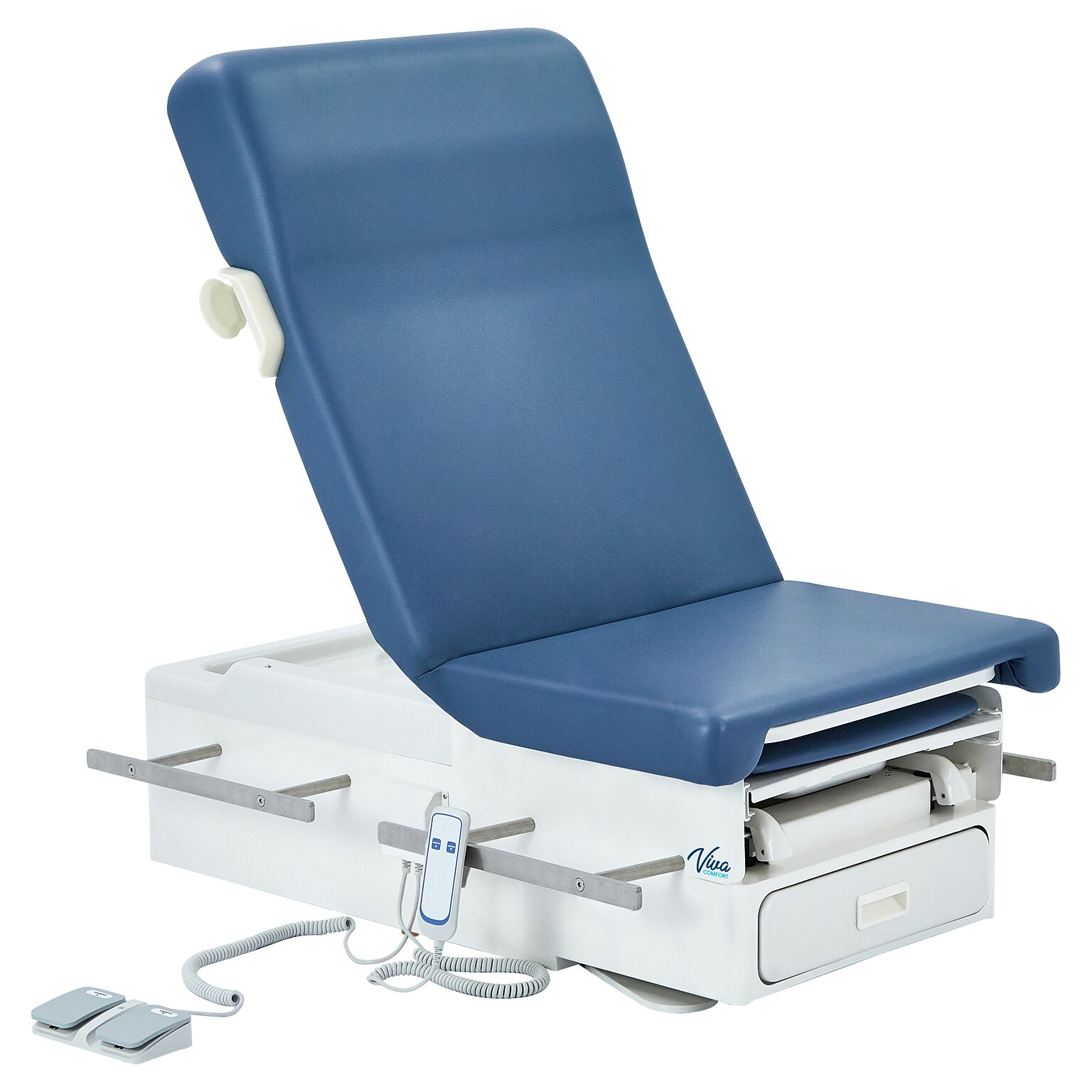 Viva Comfort Pointe Power Height Adjustable Pelvic Tilt Exam Table w/Stirrups & Storage, 396 lbs. Capacity, Blue