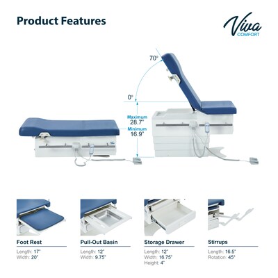 Viva Comfort Pointe Power Height Adjustable Pelvic Tilt Exam Table w/Stirrups & Storage, 396 lbs. Capacity, Blue
