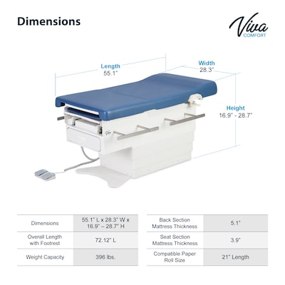 Viva Comfort Pointe Power Height Adjustable Pelvic Tilt Exam Table w/Stirrups & Storage, 396 lbs. Capacity, Blue