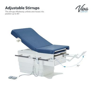 Viva Comfort Pointe Power Height Adjustable Pelvic Tilt Exam Table w/Stirrups & Storage, 396 lbs. Capacity, Blue