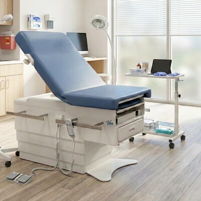 Viva Comfort Pointe Power Height Adjustable Pelvic Tilt Exam Table w/Stirrups & Storage, 396 lbs. Capacity, Blue