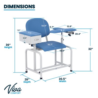Viva Comfort Bariatric Extra-Tall Phlebotomy Chair with Drawer, 750 lb. Capacity, 2 Flip Up Arms, Blue (ADI997-01D-BT-BLU)