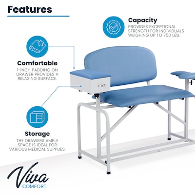 Viva Comfort Bariatric Extra-Tall Phlebotomy Chair with Drawer, 750 lb. Capacity, 2 Flip Up Arms, Blue (ADI997-01D-BT-BLU)