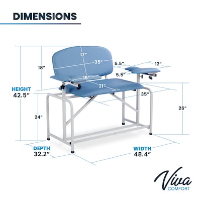Viva Comfort Bariatric Extra-Tall Phlebotomy Chair with Drawer, 750 lb. Capacity, 2 Flip Up Arms, Blue (ADI997-01D-BT-BLU)