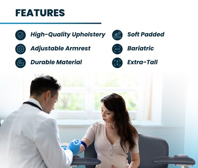 Viva Comfort Bariatric Extra-Tall Phlebotomy Chair with Drawer, 750 lb. Capacity, 2 Flip Up Arms, Blue (ADI997-01D-BT-BLU)