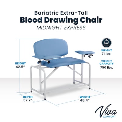 Viva Comfort Bariatric Extra-Tall Phlebotomy Chair, 750 lb. Capacity, 2 Flip Up Arms, Midnight Express (ADI997-01-BT-BLU)