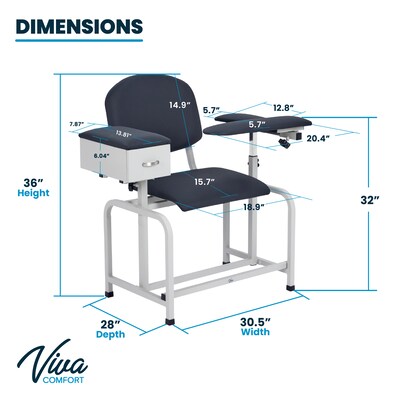 Viva Comfort Bariatric Extra-Tall Phlebotomy Chair with Drawer, 750 lb. Capacity, 2 Flip Up Arms, Black (ADI997-01D-BT-BLK)