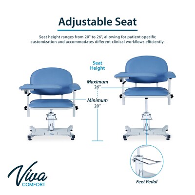 Viva Comfort Manual Adjustment Phlebotomy Chair with Drawer, 485 lb. Capacity, 2 Flip Up Arms, Blue (ADIME997-05-DR)