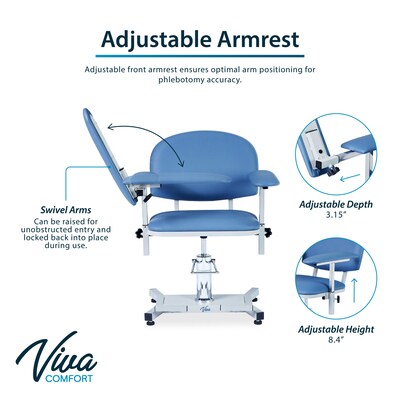 Viva Comfort Manual Adjustment Phlebotomy Chair with Drawer, 485 lb. Capacity, 2 Flip Up Arms, Blue (ADIME997-05-DR)
