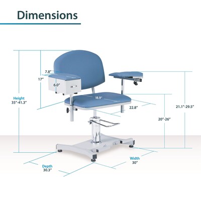 Viva Comfort Manual Adjustment Phlebotomy Chair with Drawer, 485 lb. Capacity, 2 Flip Up Arms, Blue (ADIME997-05-DR)