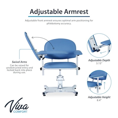 Viva Comfort Manual Adjustment Phlebotomy Chair, 485 lb. Capacity, 2 Flip Up Arms, Blue (ADIME997-05)