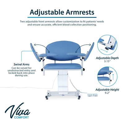 Viva Comfort Electric Adjustment Phlebotomy Chair with Drawer, 590 lb. Capacity, 2 Flip Up Arms, Blue (ADIME997-06-DR)