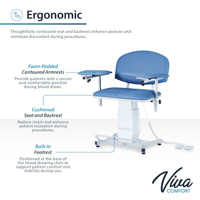 Viva Comfort Electric Adjustment Phlebotomy Chair with Drawer, 590 lb. Capacity, 2 Flip Up Arms, Blue (ADIME997-06-DR)