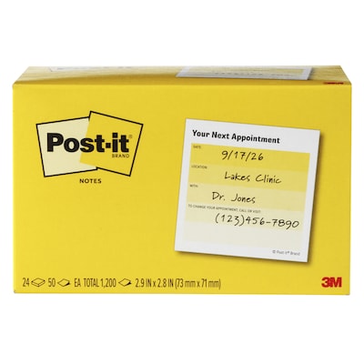 Post-it Appointment Reminder Notes, 2.9 x 2.8, Yellow/White, 50 Sheets/Pad, 24 Pads/Pack (654-24CP-NSA)