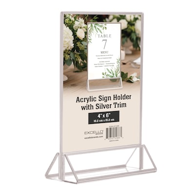 Excello Brands 4 x 6 Sign Holder, Vertical, Countertop/Tabletop, Acrylic, Silver (SGNH-ST-4X6)