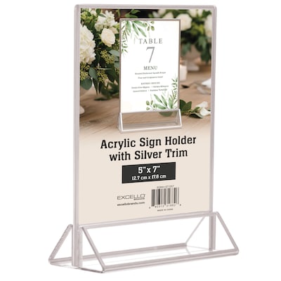 Excello Brands  5 x 7 Sign Holder, Vertical, Countertop/Tabletop, Acrylic, Silver(SGNH-ST-5X7)