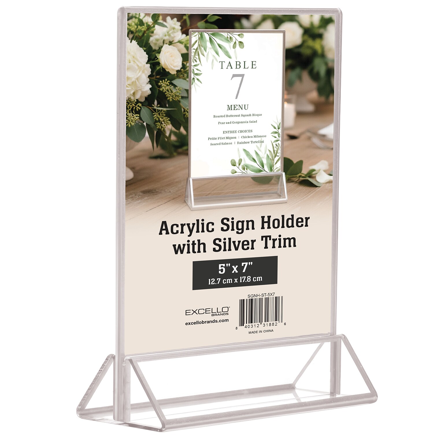 Excello Brands  5 x 7 Sign Holder, Vertical, Countertop/Tabletop, Acrylic, Silver(SGNH-ST-5X7)