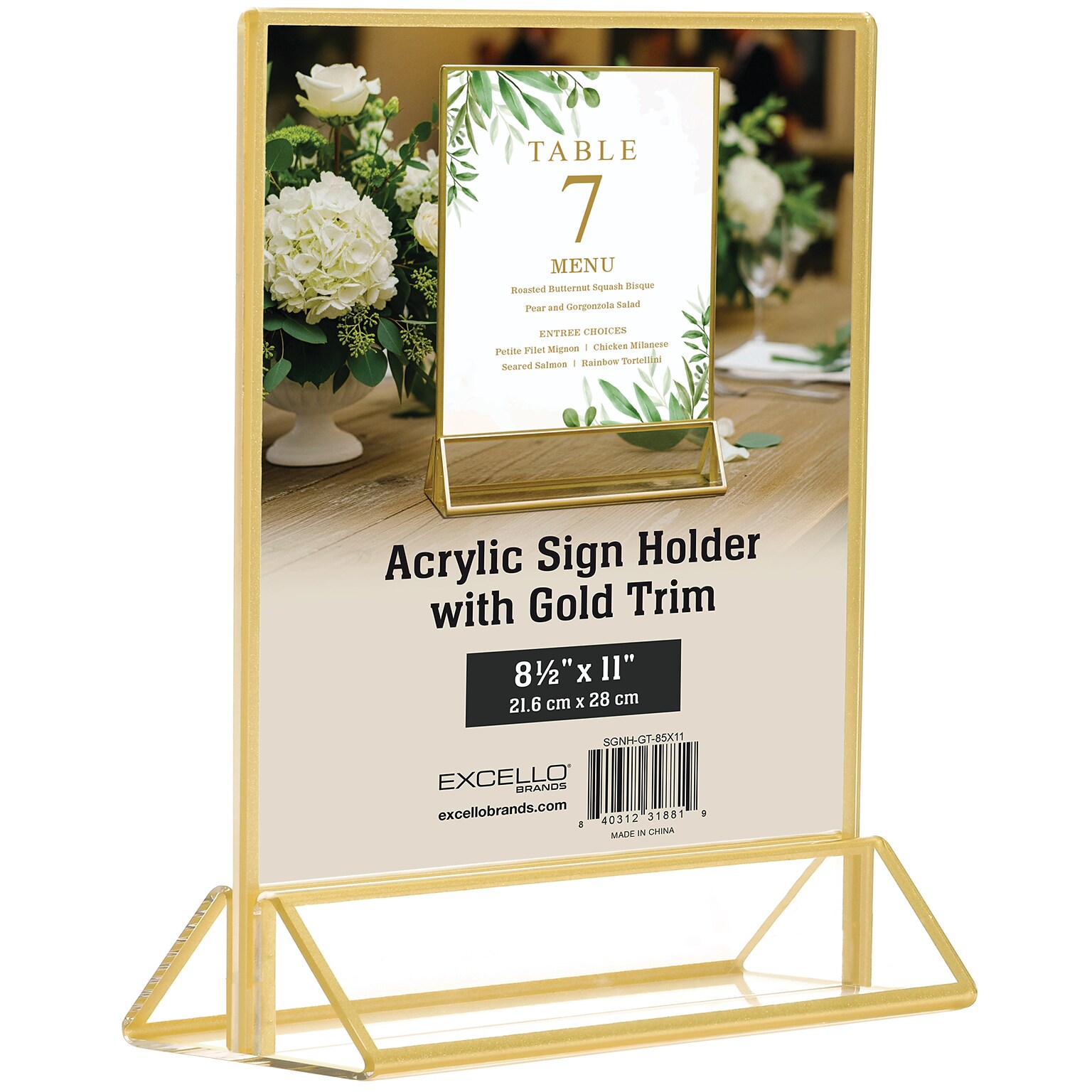 Excello Brands 8.5 x 11 Poster Holder, Vertical, Desktop/Countertop, Acrylic, Gold (SGNH-GT-85X11)
