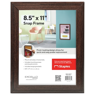 Excello Brands Plastic Snap  8.5 x 11 Frame, Wall-Mounted, Plastic, Walnut (SF-8511-WLNT)