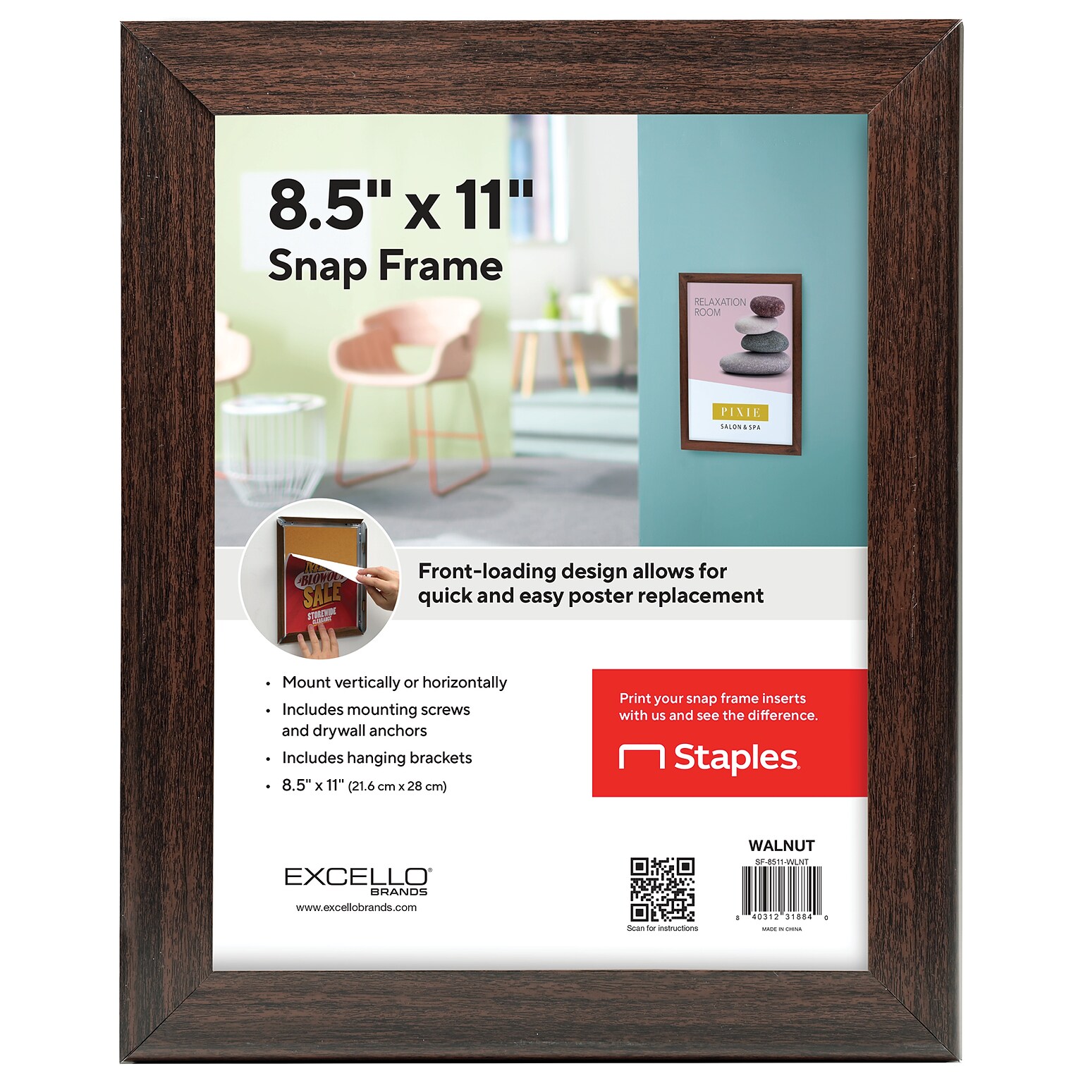 Excello Brands Plastic Snap  8.5 x 11 Frame, Wall-Mounted, Plastic, Walnut (SF-8511-WLNT)