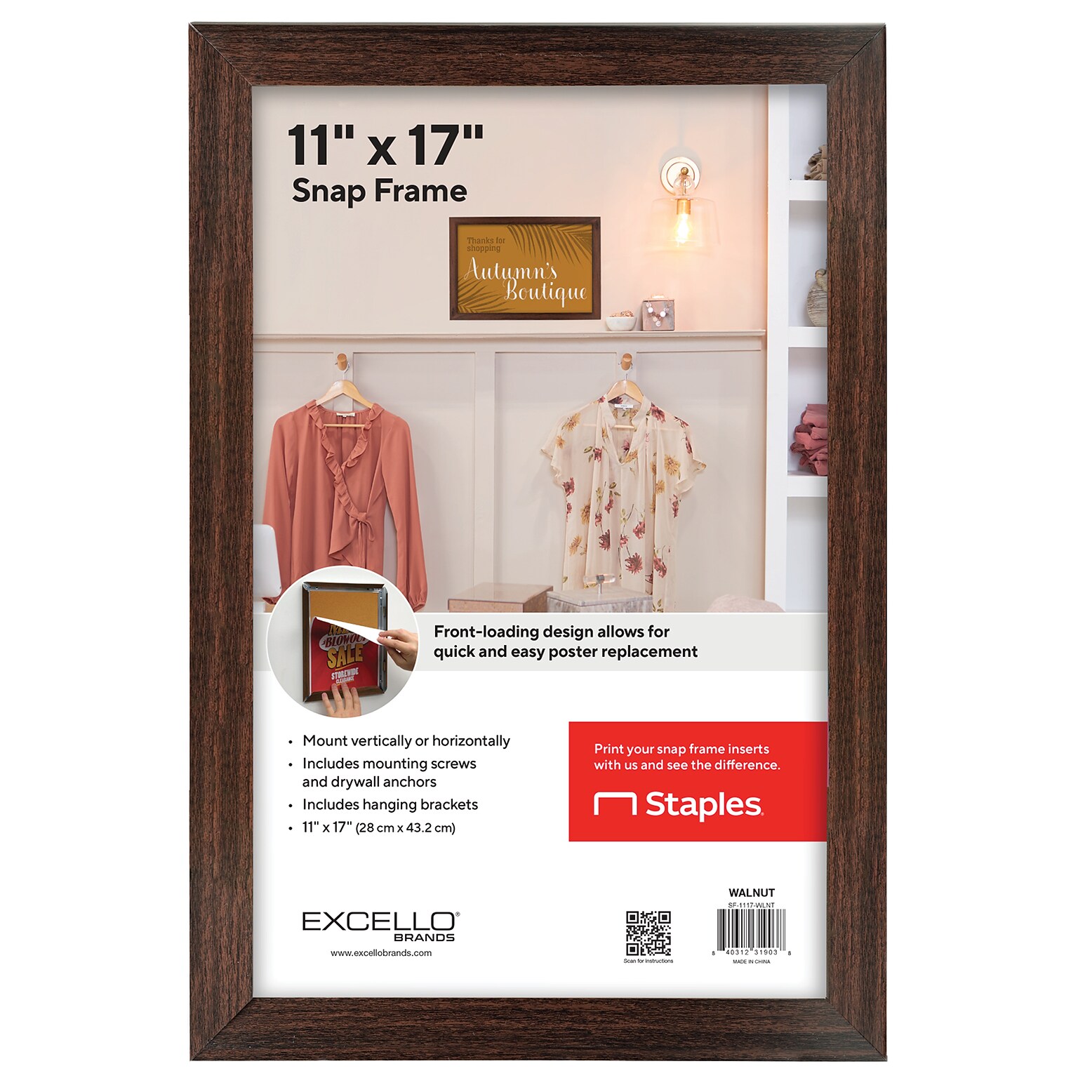 Excello Brands Snap Frame  11 x 17 Poster Holder, Wall-Mounted, Plastic, Walnut (SF-1117-WLNT )