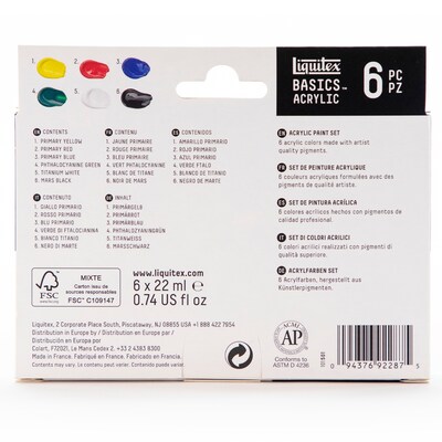 Liquitex BASICS Acrylic Paint Tubes, Assorted Colors, 22 mL, 6/Pack (LIQ101501)